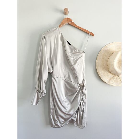 Retrofete | Drisana Silk Satin Ruched Dress | Silver | Size XS - Picture 2 of 12